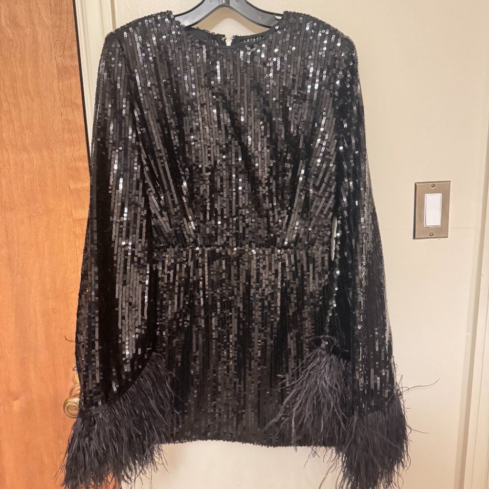 Bronx and Banco Black Sequin Mini with Feather Trim - Picture 3 of 6